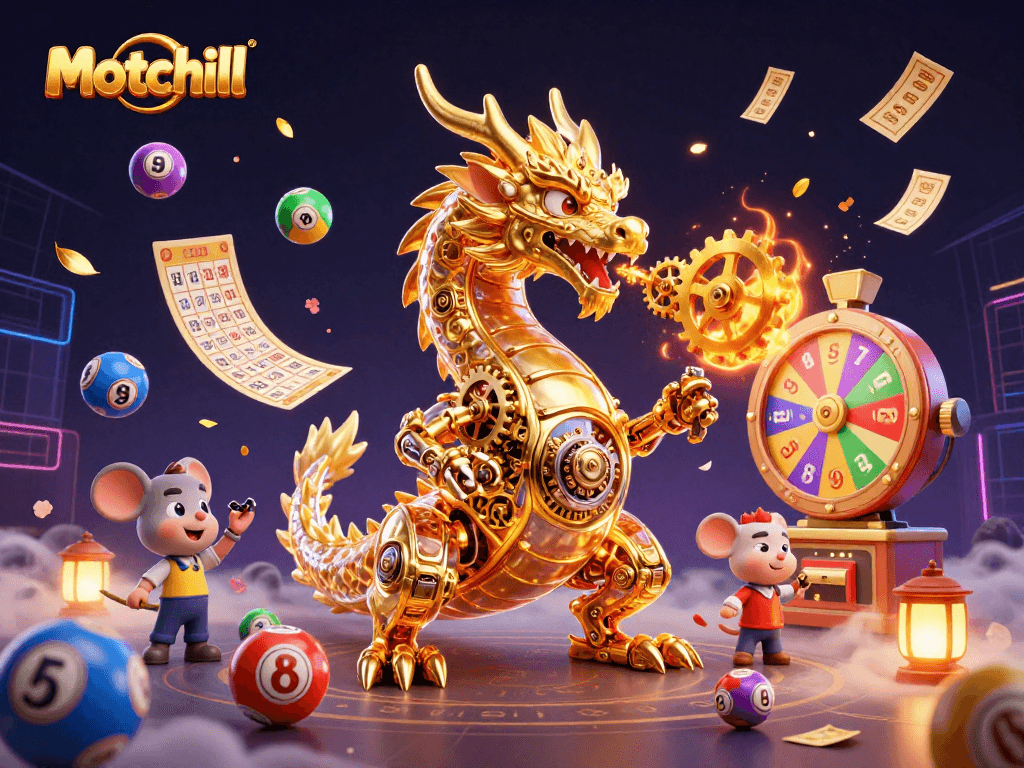 Experience thrilling wins with Motchill's dynamic lottery and bingo casino scene filled with vibrant energy.