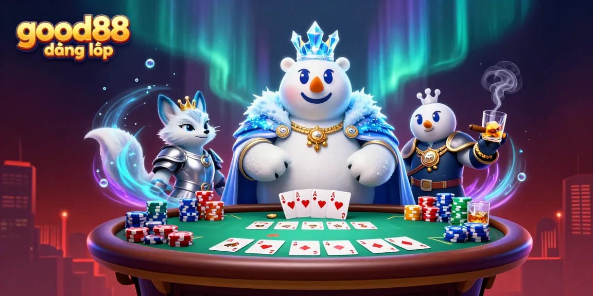 Engage in high-stakes gaming with good88 đăng nhập, featuring vibrant poker elements and charming characters.