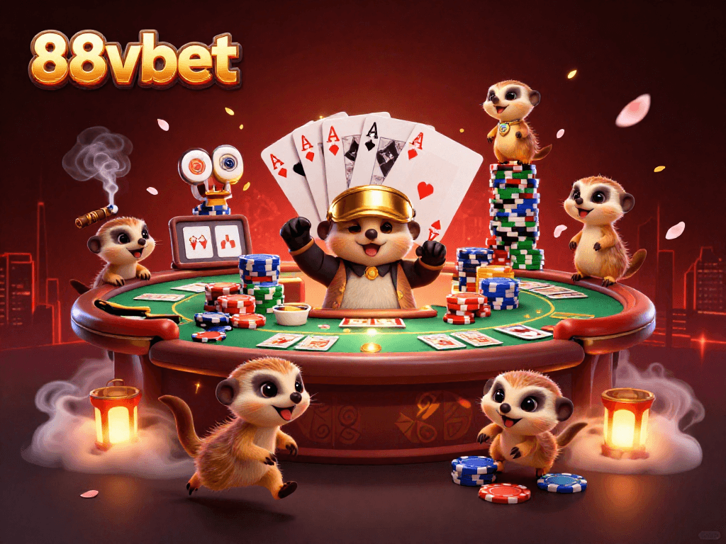 Experience the excitement of 88vbet with meerkats in a vibrant casino scene.