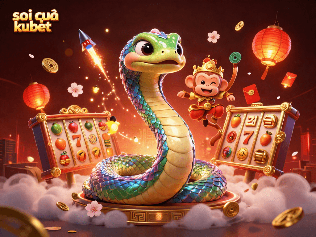 Engage with the vibrant soi cầu kubet theme featuring a rainbow serpent amidst slot elements and lanterns.