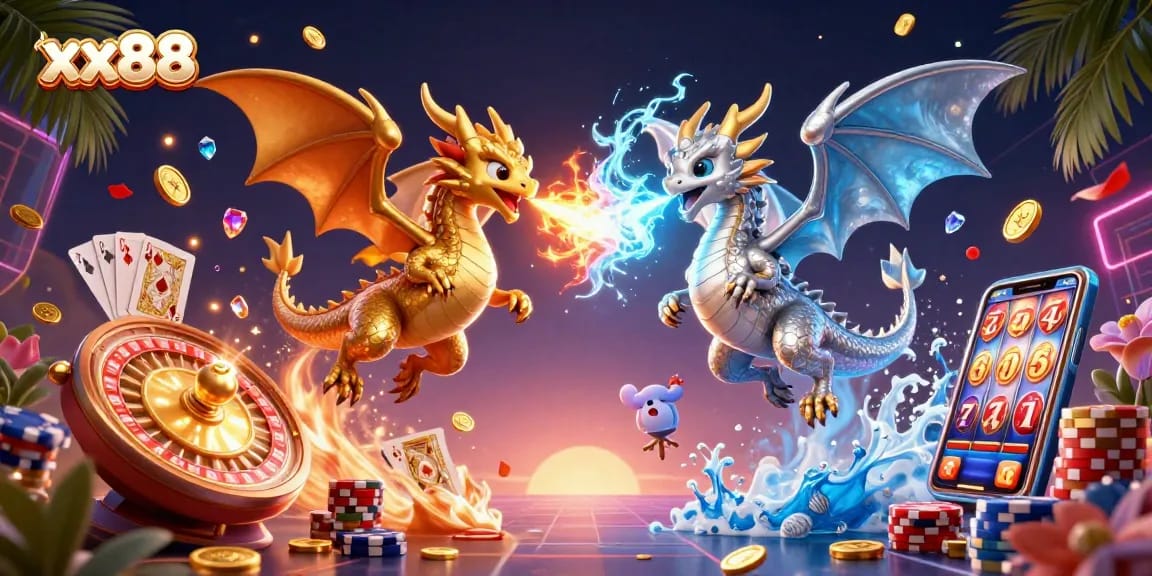 Experience excitement at xx88 with golden dragons and vibrant casino elements in a dynamic 3D scene.