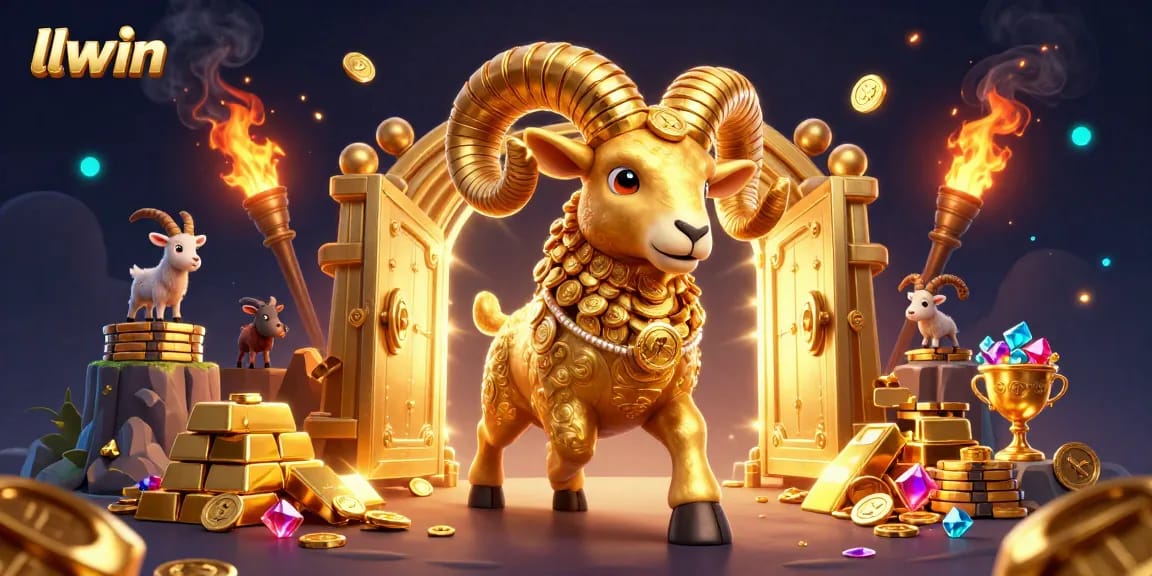 llwin offers thrilling online gaming with a vibrant scene depicting golden elements and card symbols.