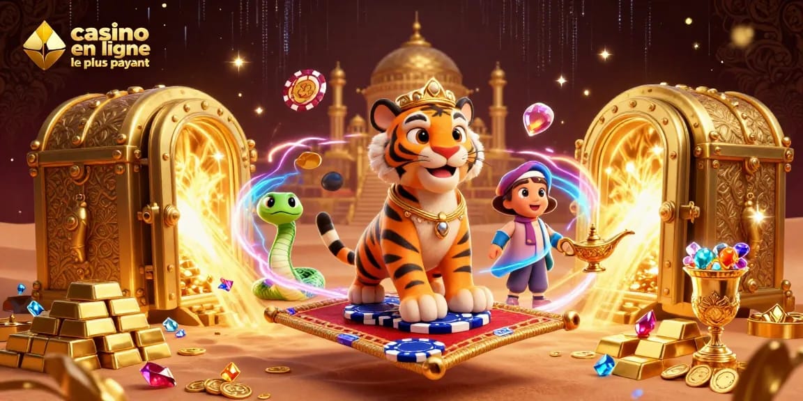 Découvrez le casino en ligne le plus payant avec une illustration 3D captivante d'un sultan, des trésors et une ambiance magique.