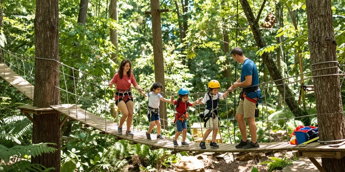 Family crossing a rope bridge in a lush forest, symbolising adventure and teamwork.