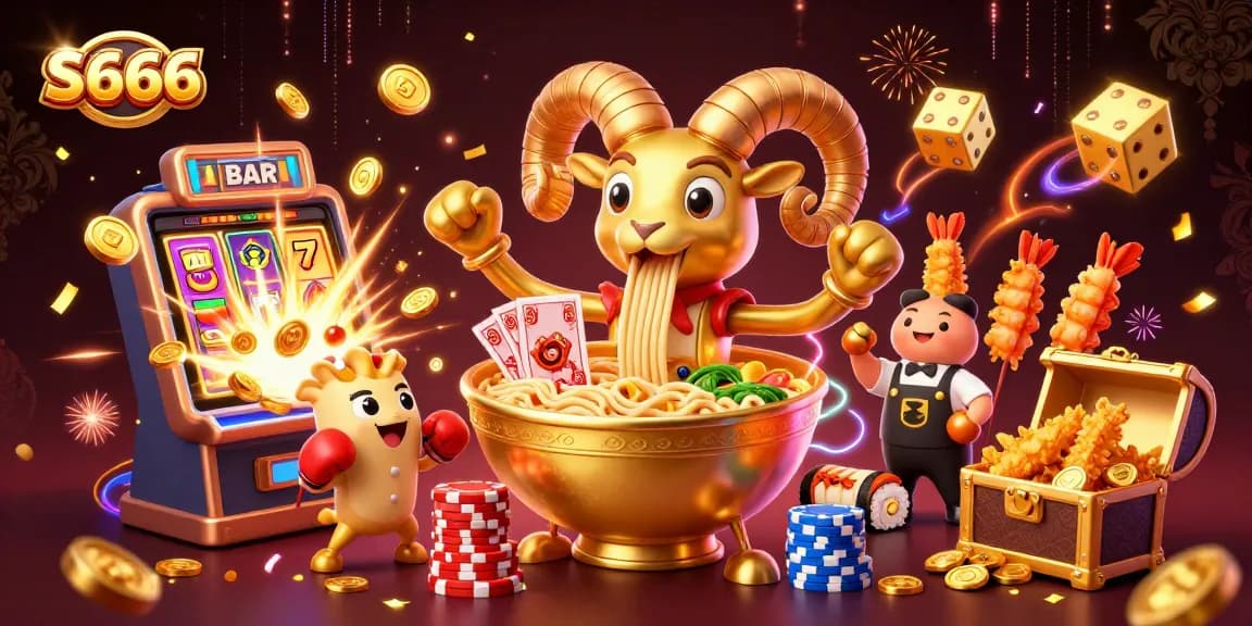 S666 online casino promotional scene with vibrant characters, jackpot slot machines, and immersive gaming elements.