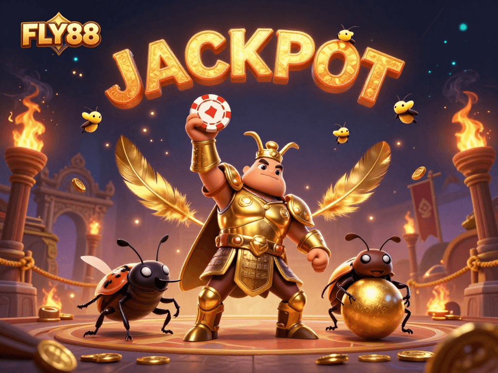 Join the excitement at FLY88 with a herculean beetle triumphantly lifting a poker chip in a dynamic casino scene.