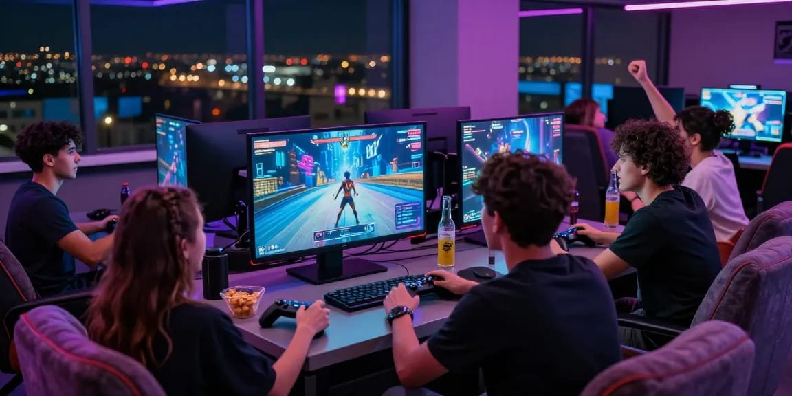 Engaged players enjoying interactive porn games in a lively gaming lounge setting
