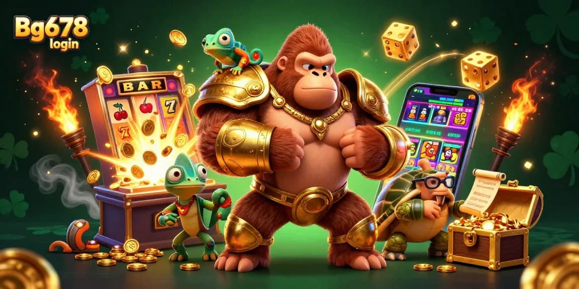 Engage with Bg678 login at an exciting casino, featuring a gorilla, chameleon, and tortoise.