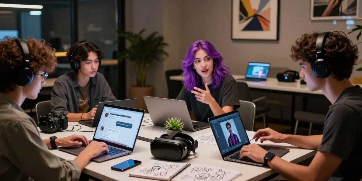 Dynamic scene showcasing young adults engaging with ai chat nsfw technologies in a modern lounge.