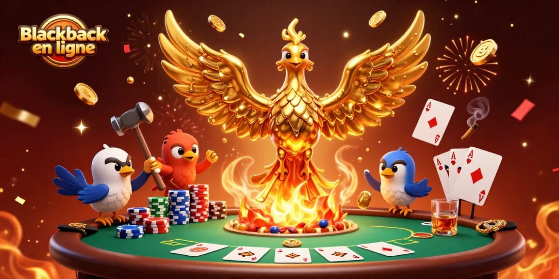 Jouez au blackjack en ligne avec des gains alléchants illustrés par un phénix doré et des assistants
