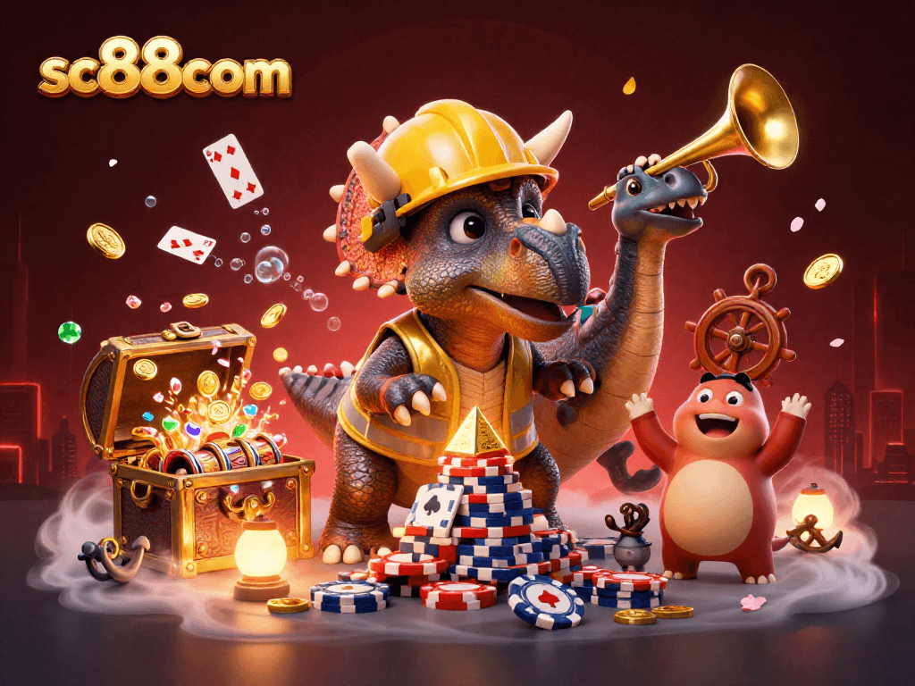 Engage with sc88com's thrilling casino excitement, watching cartoon triceratops building poker chips.