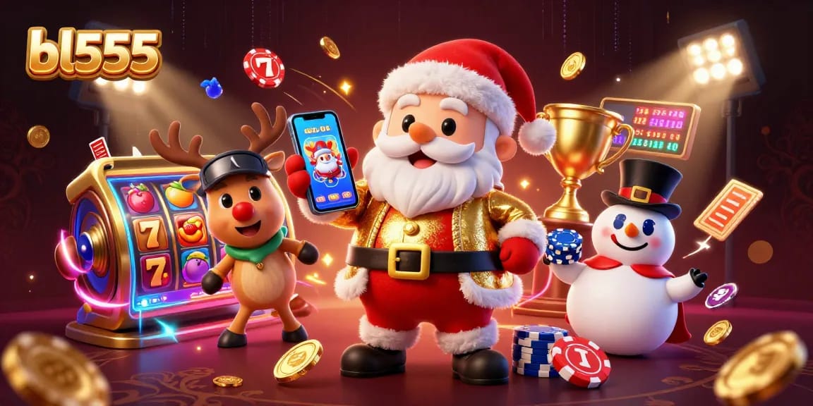Spin the reels at bl555 with Santa and friends in a festive casino scene filled with jackpot symbols and excitement.
