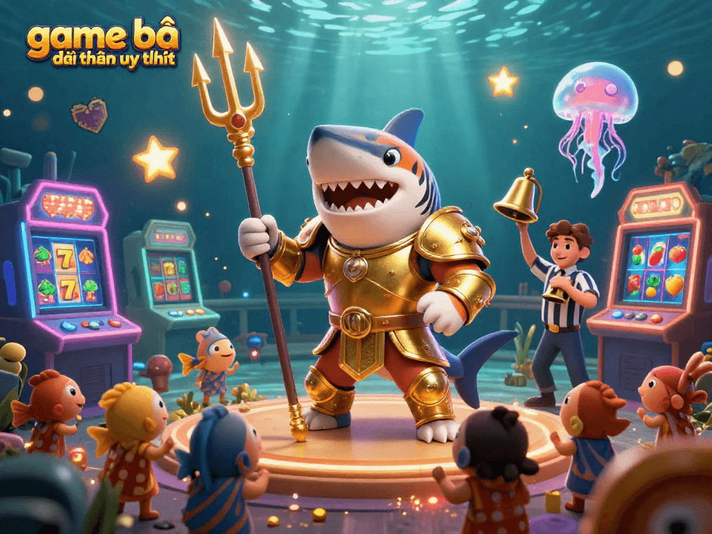 Engage with the exciting world of game bài đổi thưởng uy tín, featuring a golden shark gladiator amidst vibrant slot machines.