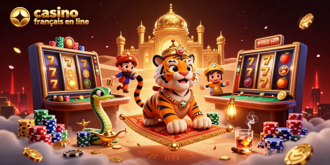 Jouez sur un casino francais en ligne avec un sultan tigre, des machines à sous et des jetons de poker scintillants