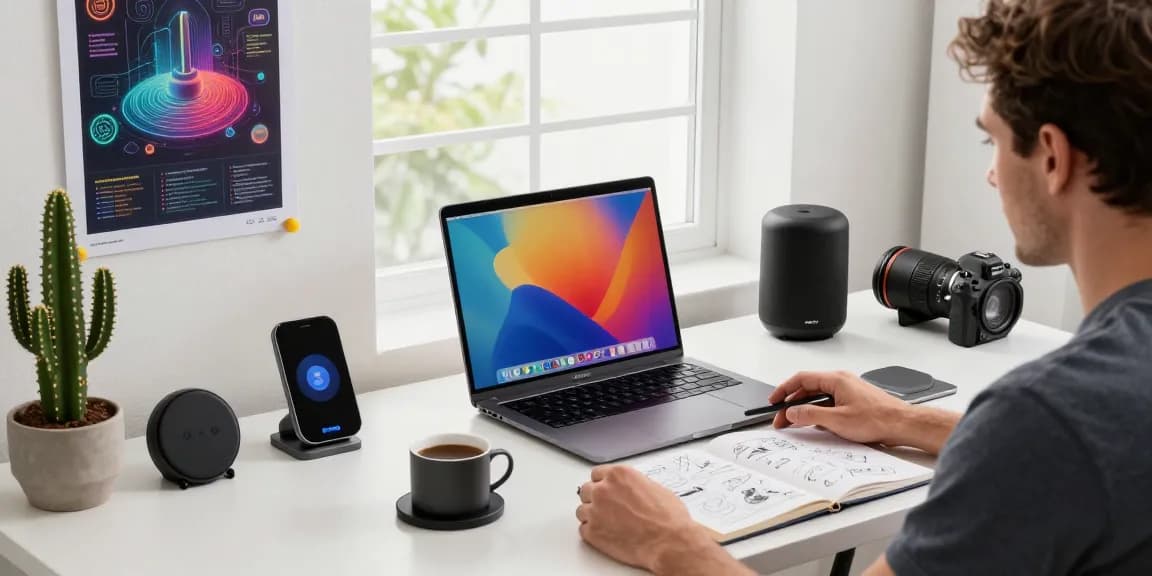 Workspace featuring an M5 MacBook with vibrant graphics, showcasing a modern tech environment for productivity and creativity.