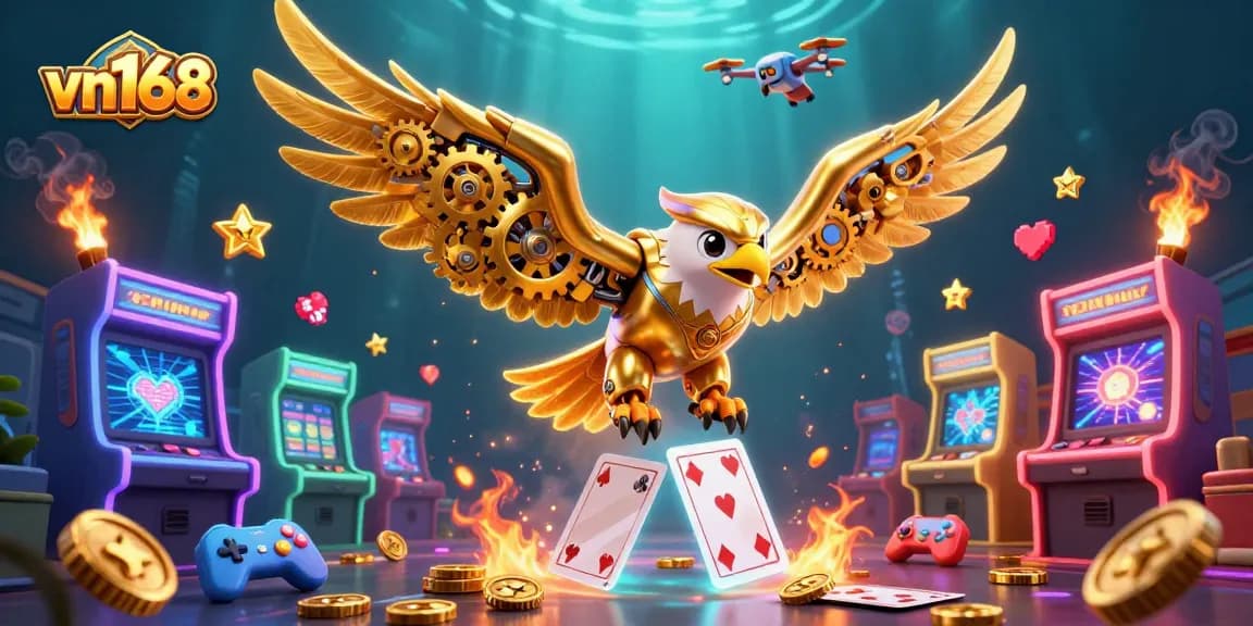 Experience thrilling gameplay at vn168 with a golden eagle colliding through holographic cards and vibrant casino elements.