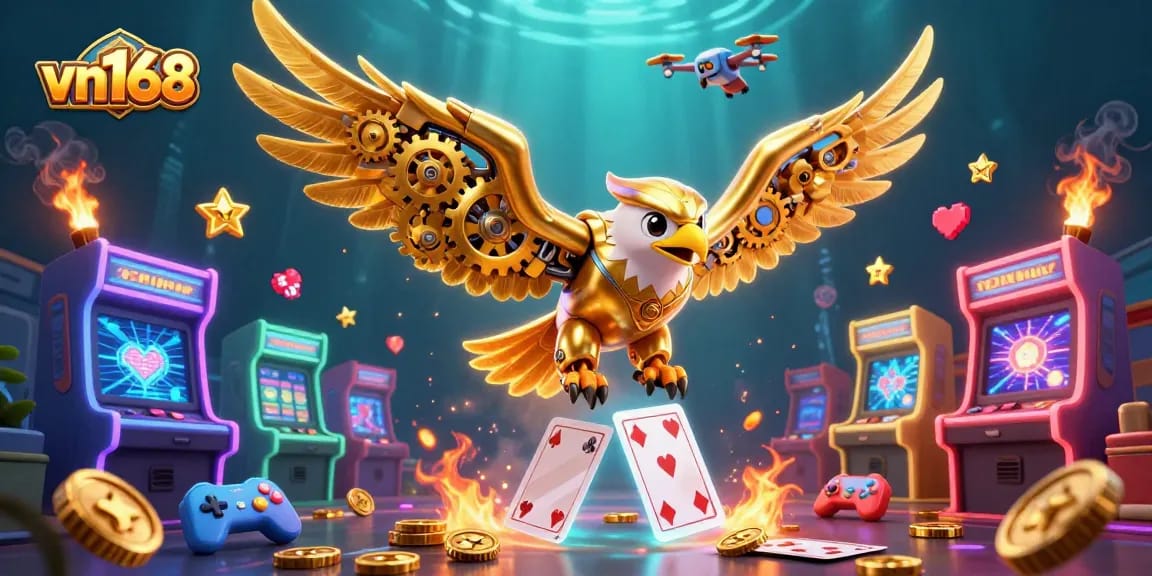 Experience thrilling gameplay at vn168 with a golden eagle colliding through holographic cards and vibrant casino elements.