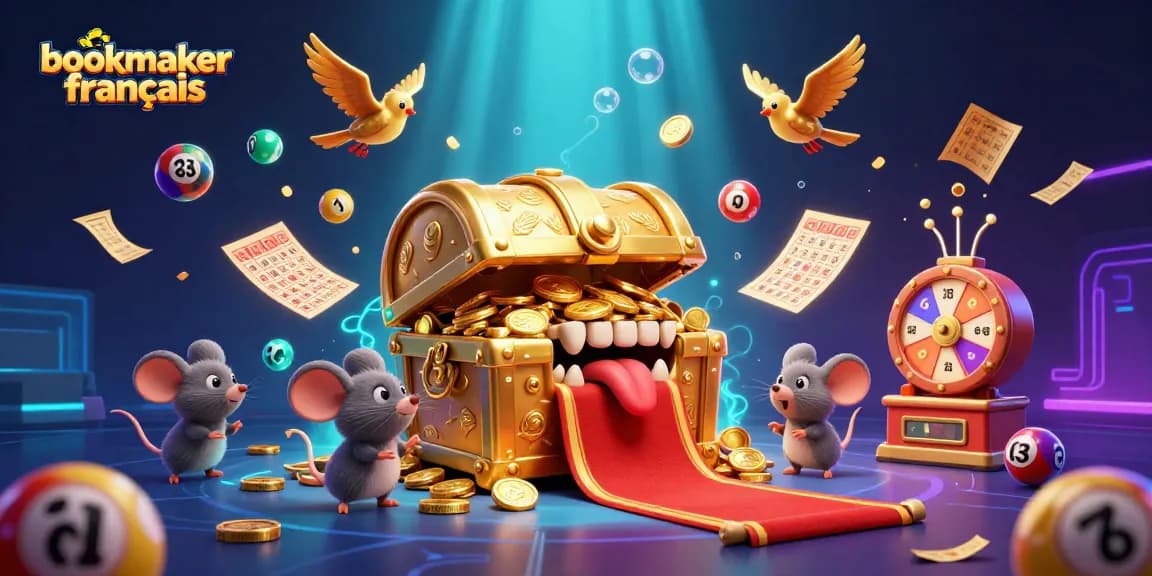 Les meilleurs paris sur bookmaker français avec une scène dynamique de loterie et d'accueil de joueurs gagnants.