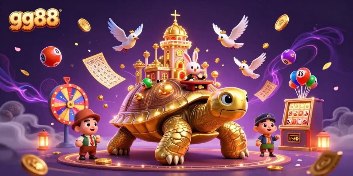 Experience thrilling jackpot opportunities at gg88 with a captivating casino illustration of a giant tortoise holding a vibrant casino.