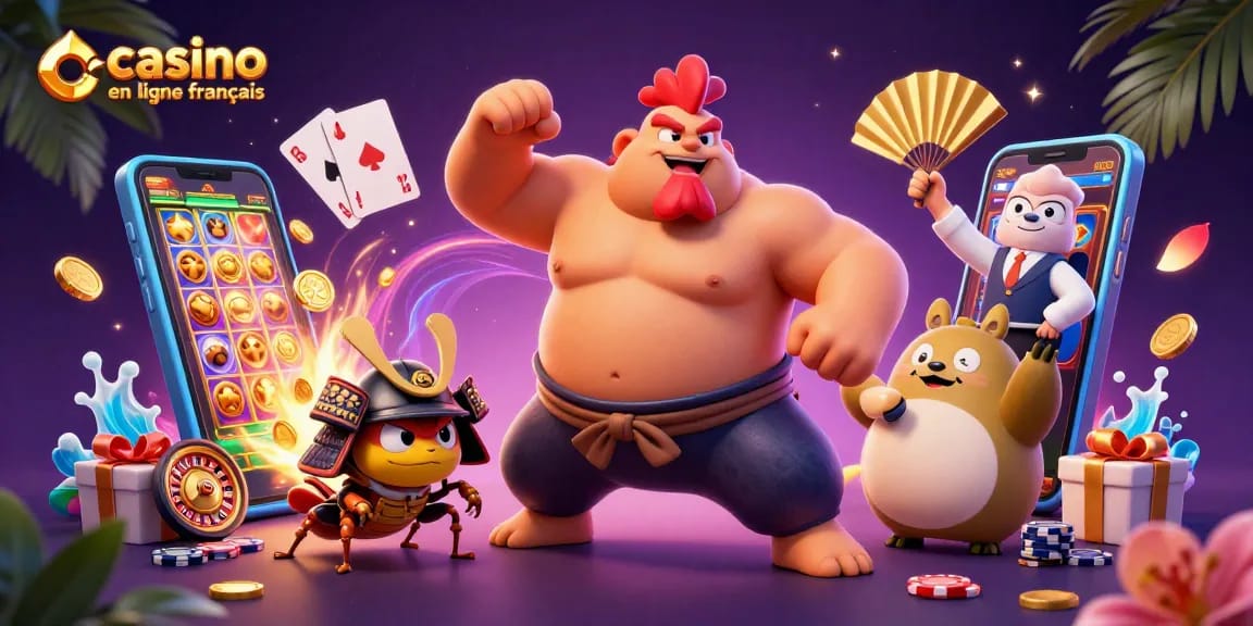 Une scène dynamique avec un coq sumo dans un casino en ligne français offrant des jeux et des étoiles.