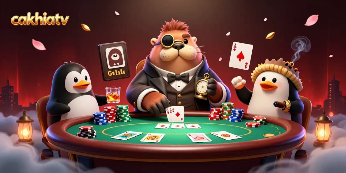 CakhiaTV features a jolly walrus, penguin dealer, and pufferfish player bluffing at an underwater poker table.