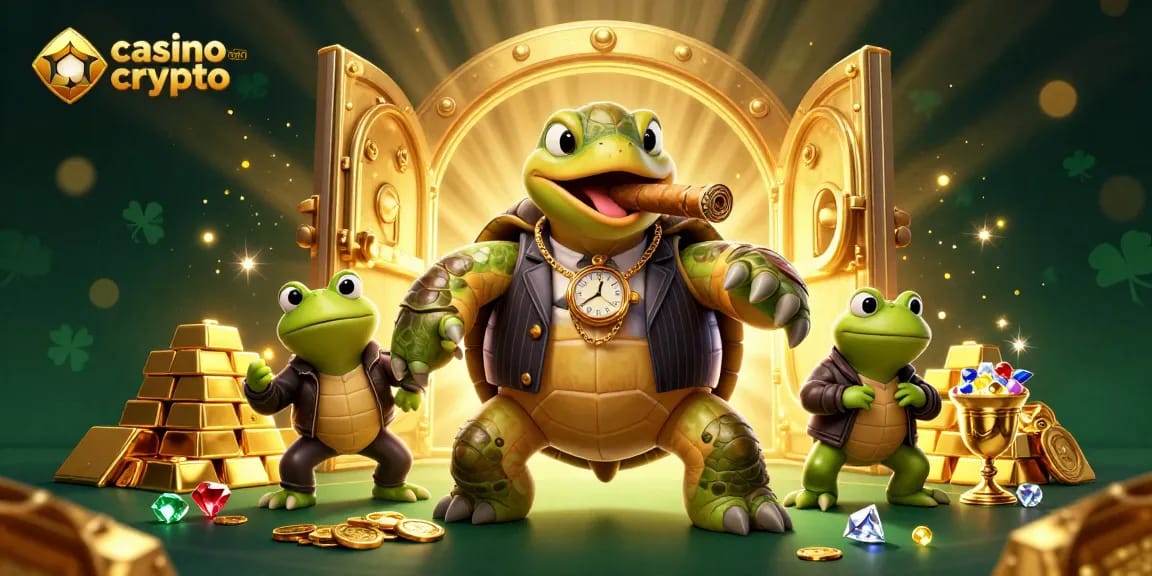 Visualisez un monde coloré et passionnant du casino en ligne crypto avec une tortue mobster.