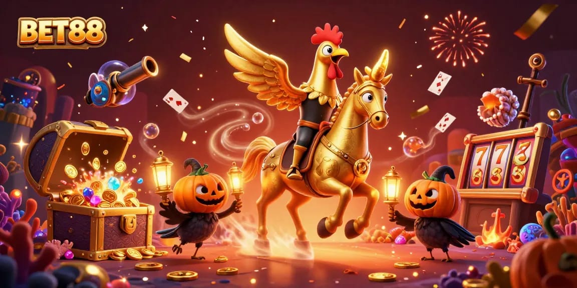 Experience thrilling gaming at BET88 with a golden rooster and spectral horse in a vibrant casino.