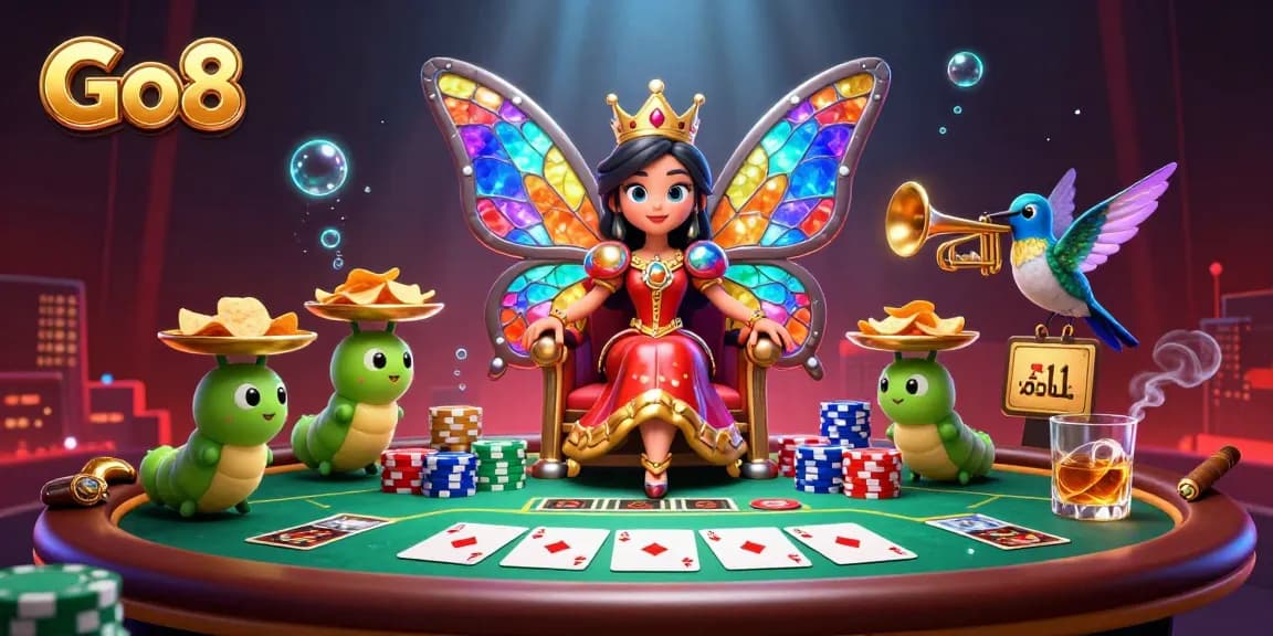 Engage with Go8's vibrant casino scene featuring a butterfly queen and rich gaming elements!