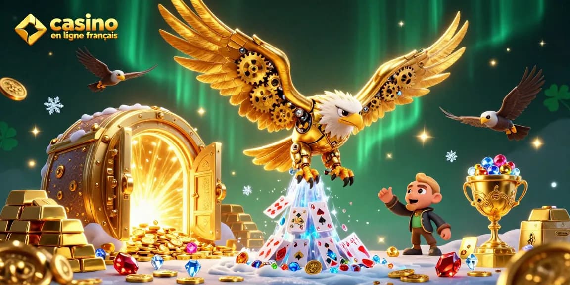 Illustration dynamique de casino en ligne français avec un aigle cybernétique et des cartes holographiques.