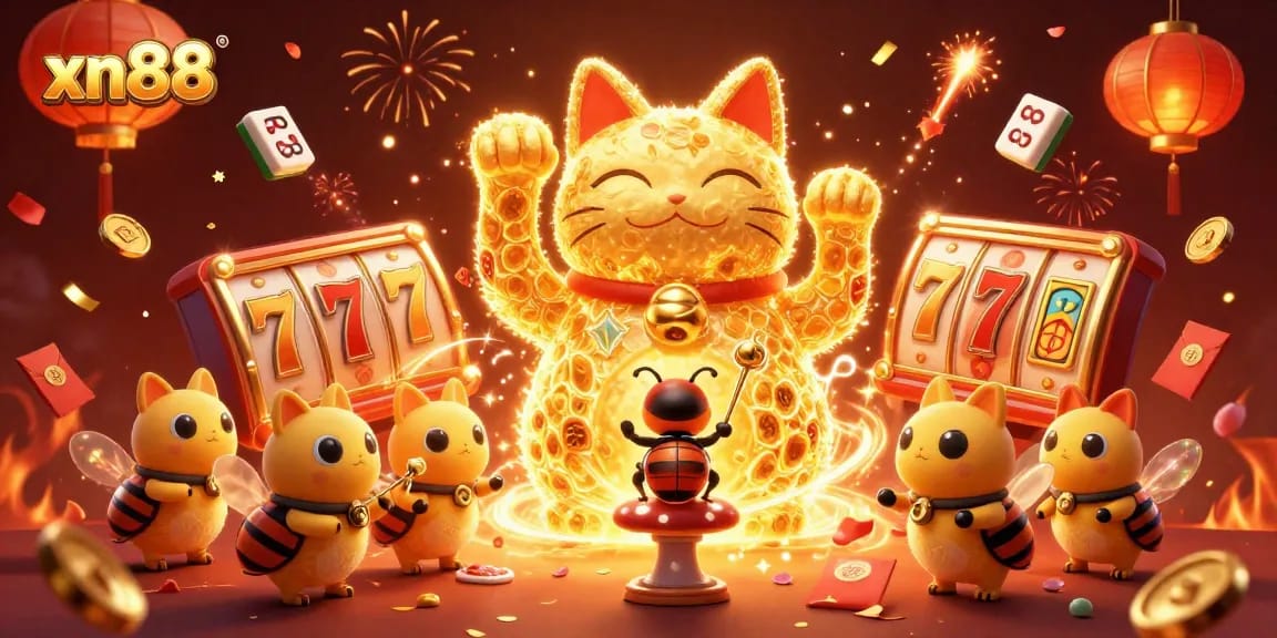 Experience the excitement of xn88 with a giant lucky cat and casino symbols in a vibrant celebration.