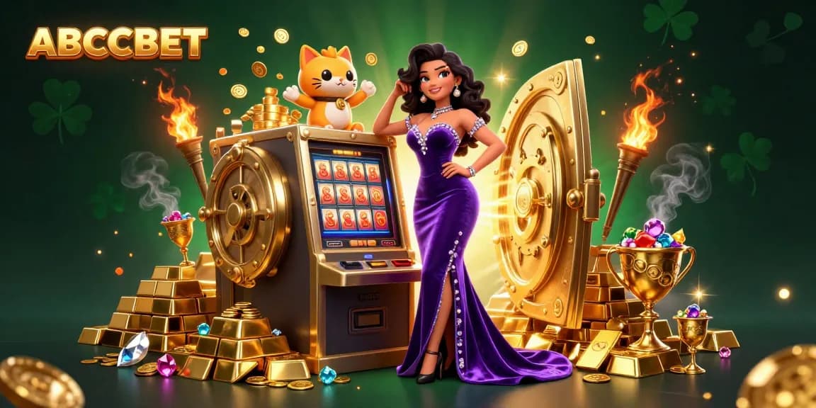 Win big with ABCBET at the jackpot slot machine, surrounded by golden treasures and vibrant gambling elements.