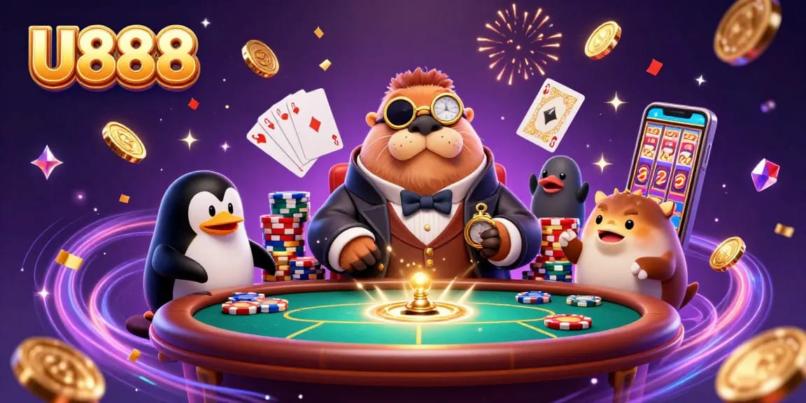 U888 showcases a jolly walrus and sophisticated dealer playing cards in an underwater casino.