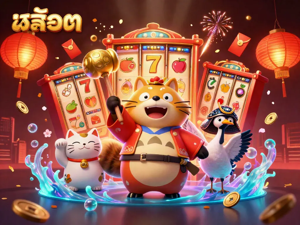 Engage with exciting สล็อต themes through animated characters in a vibrant casino scene.