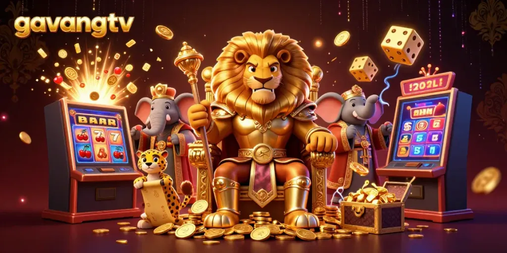 Experience thrilling gambling action with gavangtv, featuring a lion king on a gold coin throne surrounded by dynamic casino symbols.