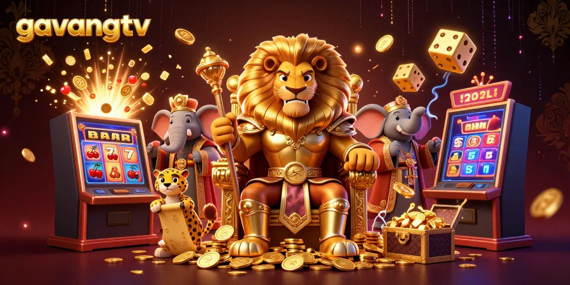 Experience thrilling gambling action with gavangtv, featuring a lion king on a gold coin throne surrounded by dynamic casino symbols.
