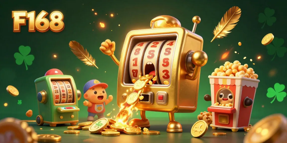 F168 slot machine celebrating a jackpot win surrounded by cheering machines, showcasing vibrant casino elements.