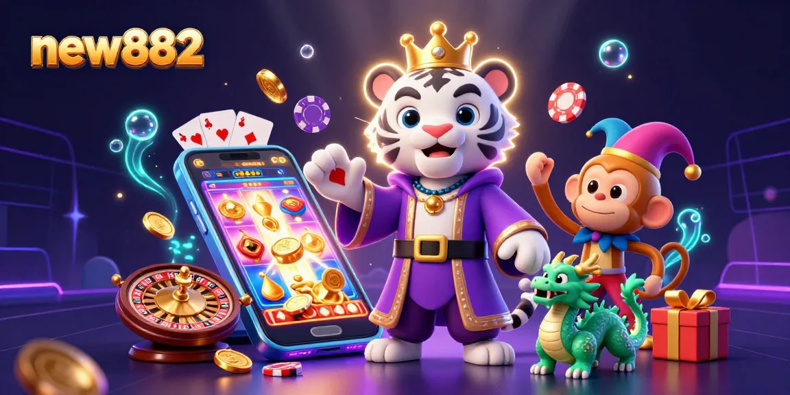 Experience thrilling gameplay with new882 featuring a white tiger king, golden monkey, and jade dragon amidst vibrant casino elements.