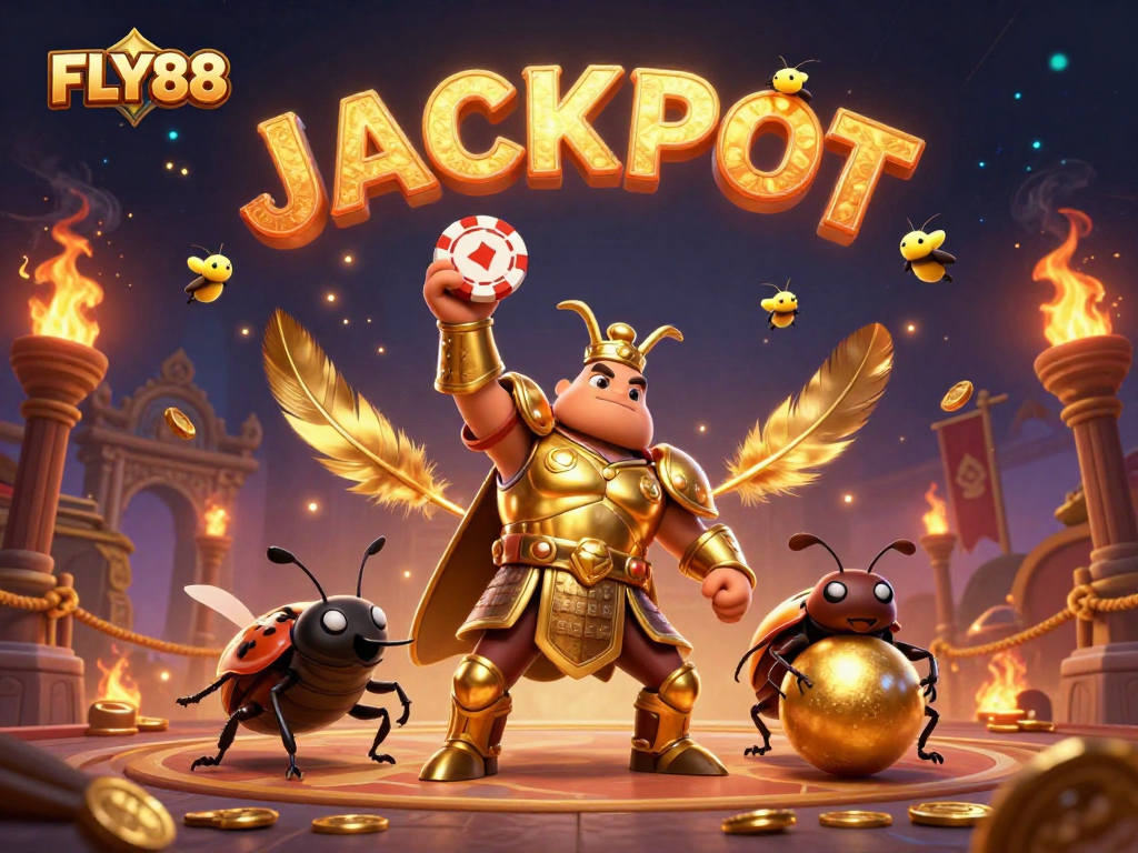 Join the excitement at FLY88 with a herculean beetle triumphantly lifting a poker chip in a dynamic casino scene.