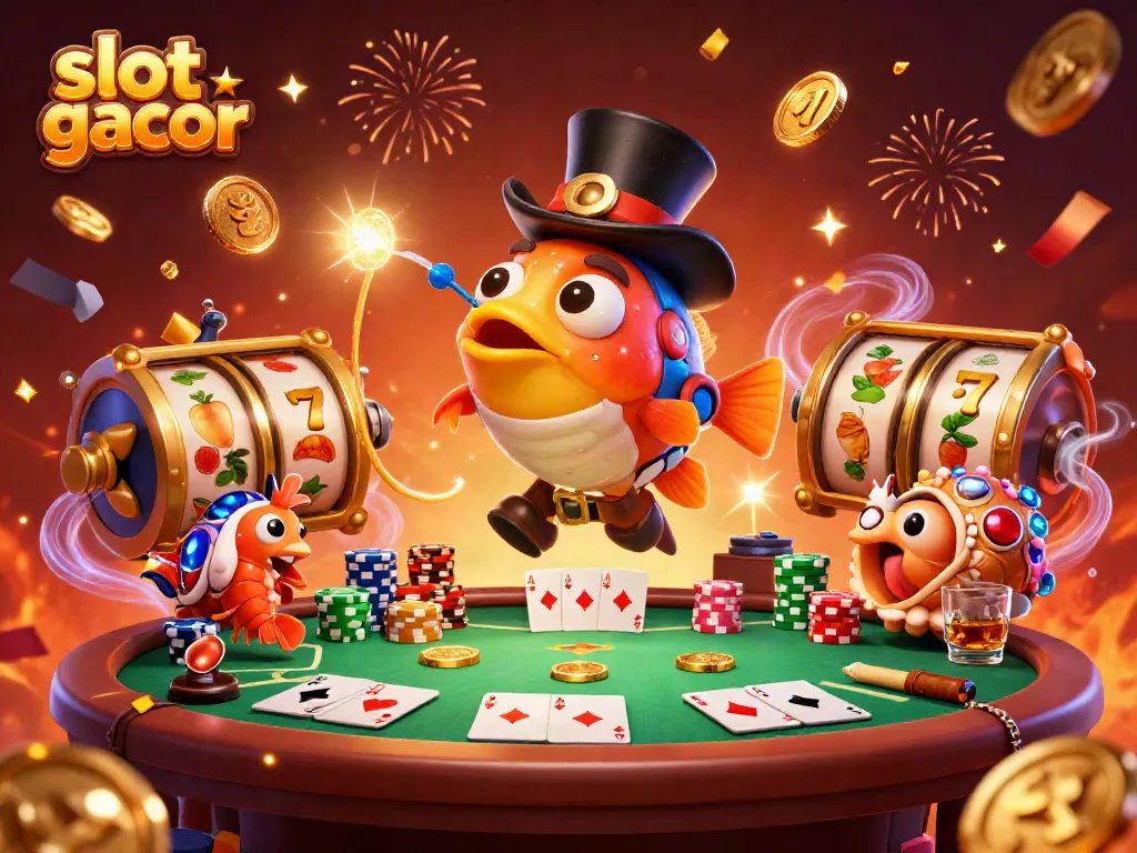 Engaging slot gacor scene with deep-sea anglerfish attracting golden coins amid vibrant casino elements.