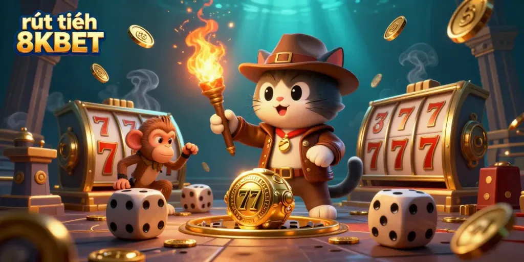Experience rút tiền 8KBET with a vibrant scene featuring a cat archaeologist and dynamic casino elements.