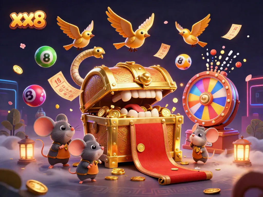 Engage with the vibrant casino world of xx8, featuring golden lottery elements and a treasure chest.