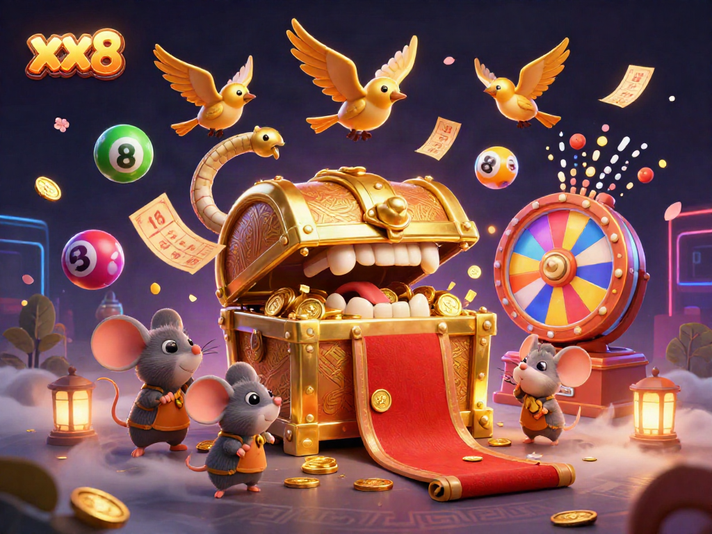 Engage with the vibrant casino world of xx8, featuring golden lottery elements and a treasure chest.