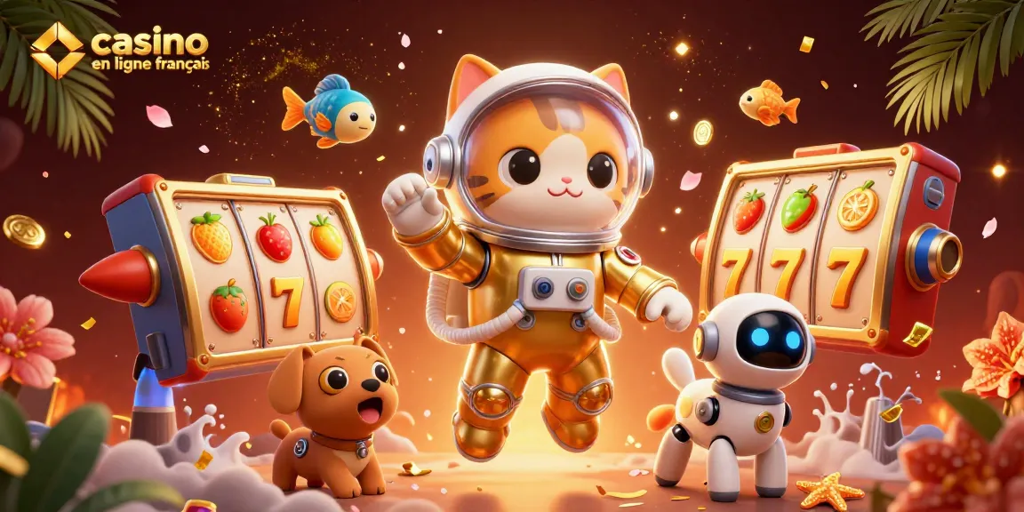 Célébrez le jeu dans un casino en ligne français avec un chat astronaute en état d'apesanteur, accompagné d'un robot, entouré de jetons et de symboles de chance.