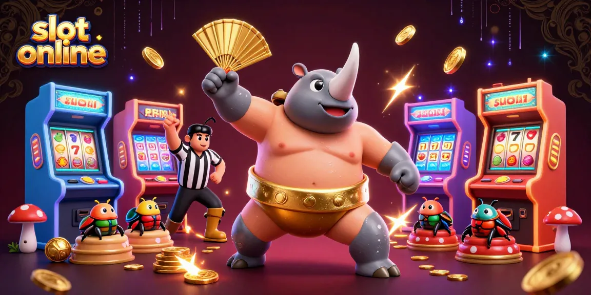 Spin and win at slot online with a 3D cartoon rhinoceros beetle champion surrounded by vibrant slot elements.