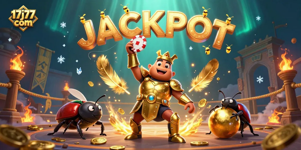 Experience the thrill of 17j77 com with a victorious beetle lifting a poker chip in a lively casino scene.