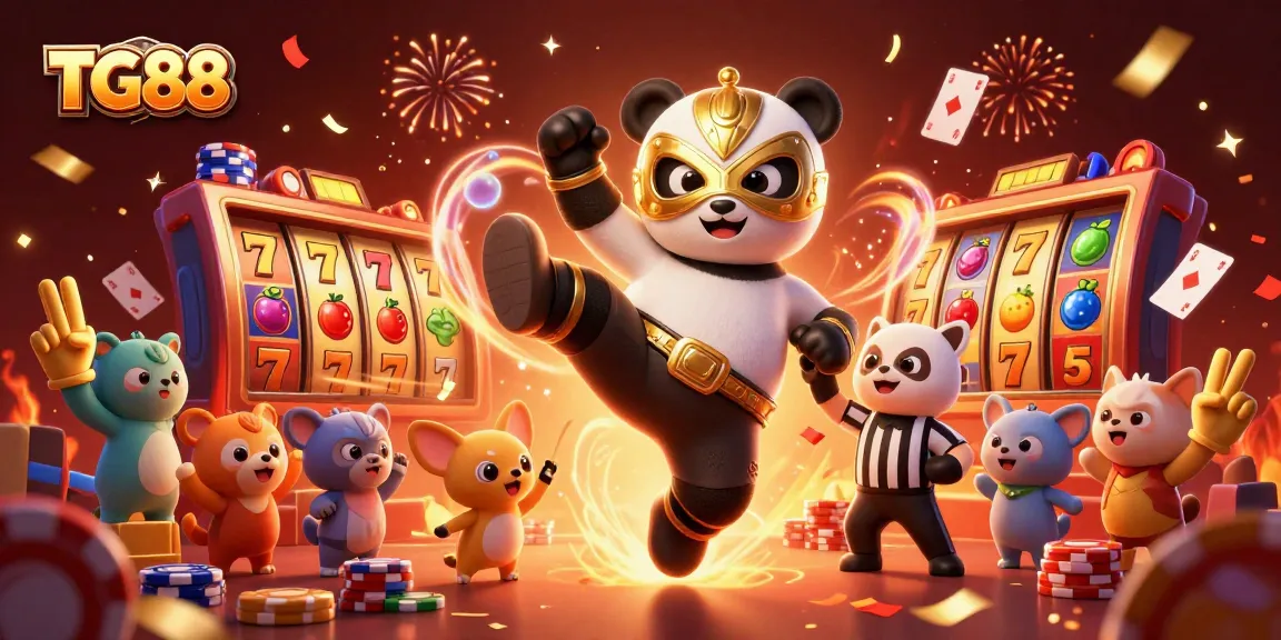 TG88 showcases thrilling casino action with a panda wrestler and energetic animal crowd.