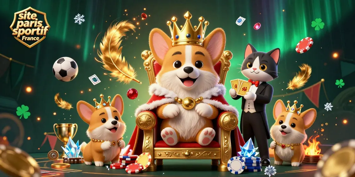 Pariez sur le site paris sportif France avec un corgi royal en majesté entouré d’éléments de paris sportifs.