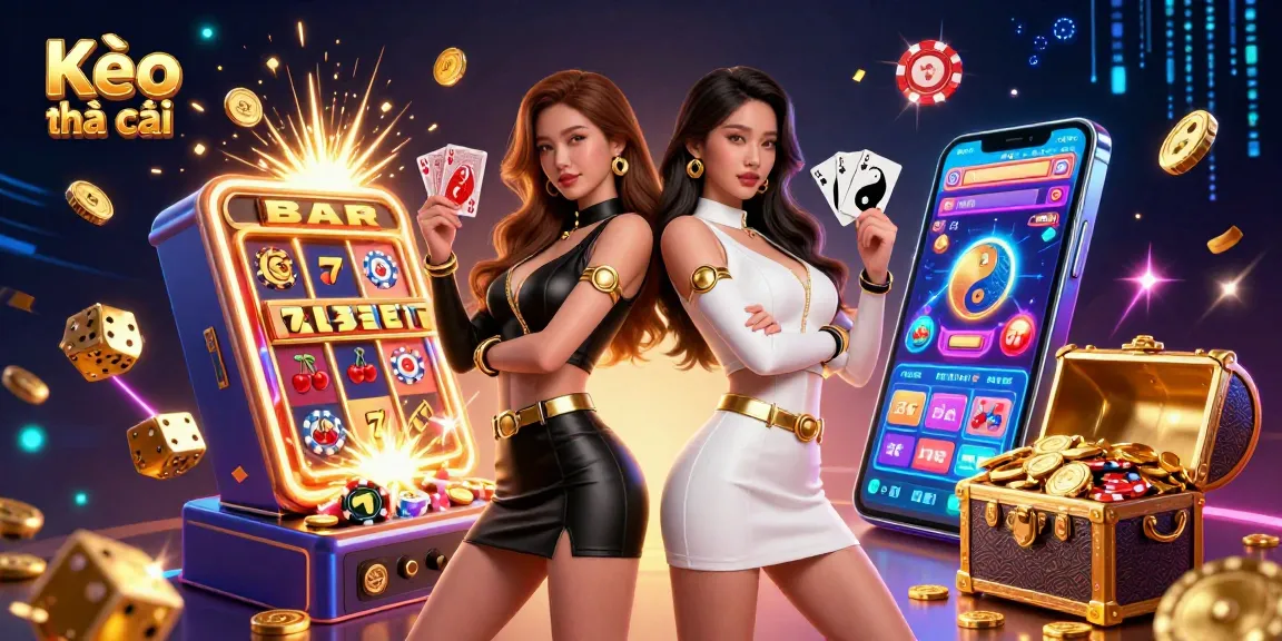 Engage with Kèo nhà cái by exploring vibrant casino elements featuring twin Asian women with dynamic playing cards.