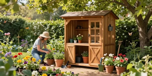 Wooden garden potting sheds surrounded by flowers and gardening tools, inviting scene.