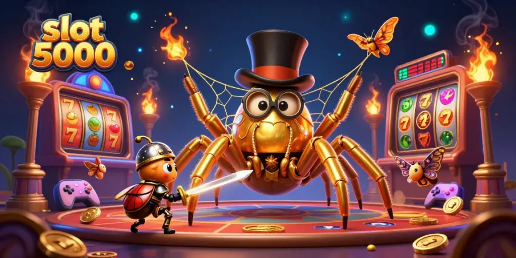 Experience excitement with slot 5000, featuring a golden tarantula and beetle knight in a rich casino scene.